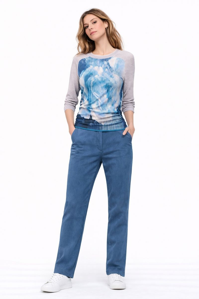 Bi-material draped sweater in blue wool and viscose and printed parma 